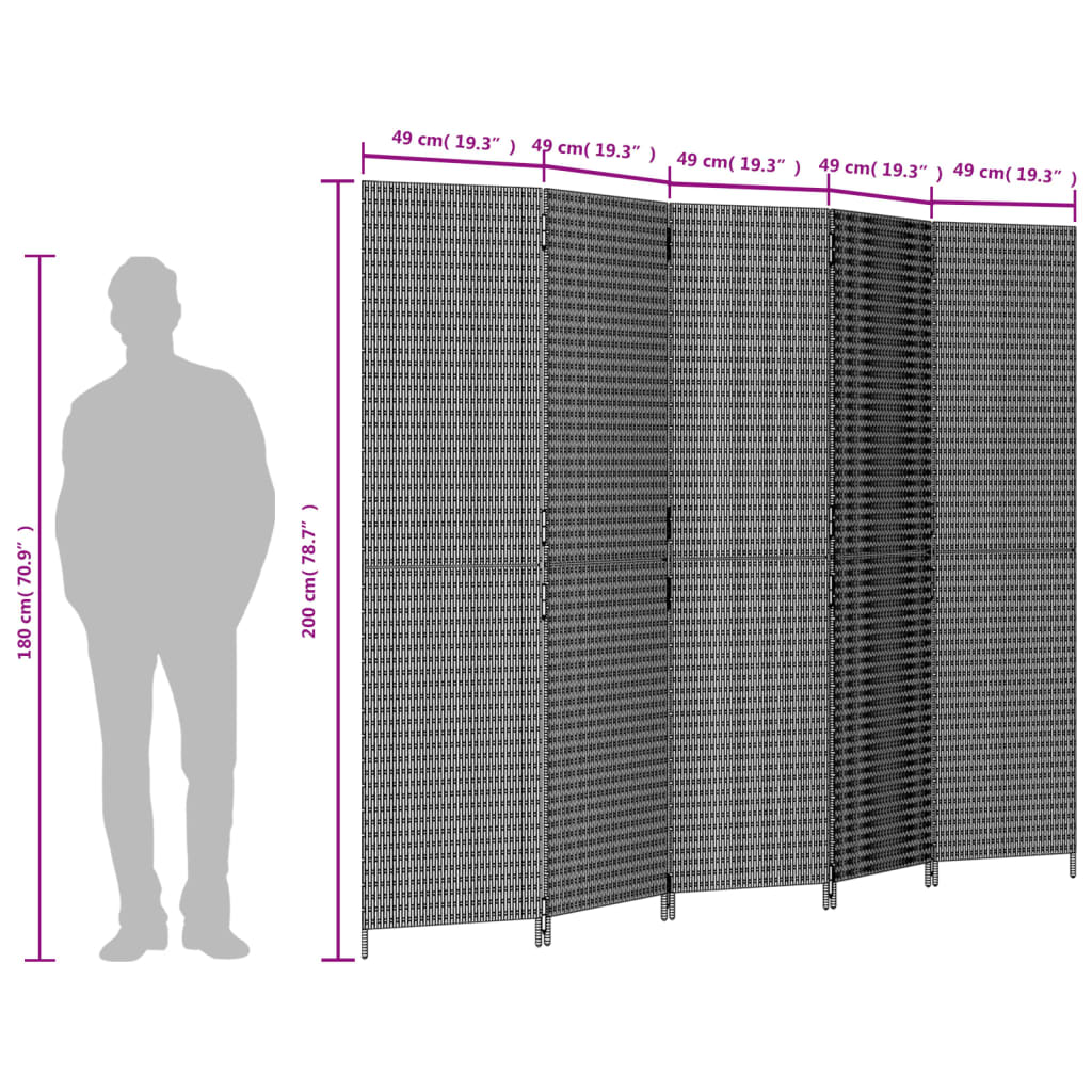 vidaXL szürke 5-paneles polyrattan térelválasztó