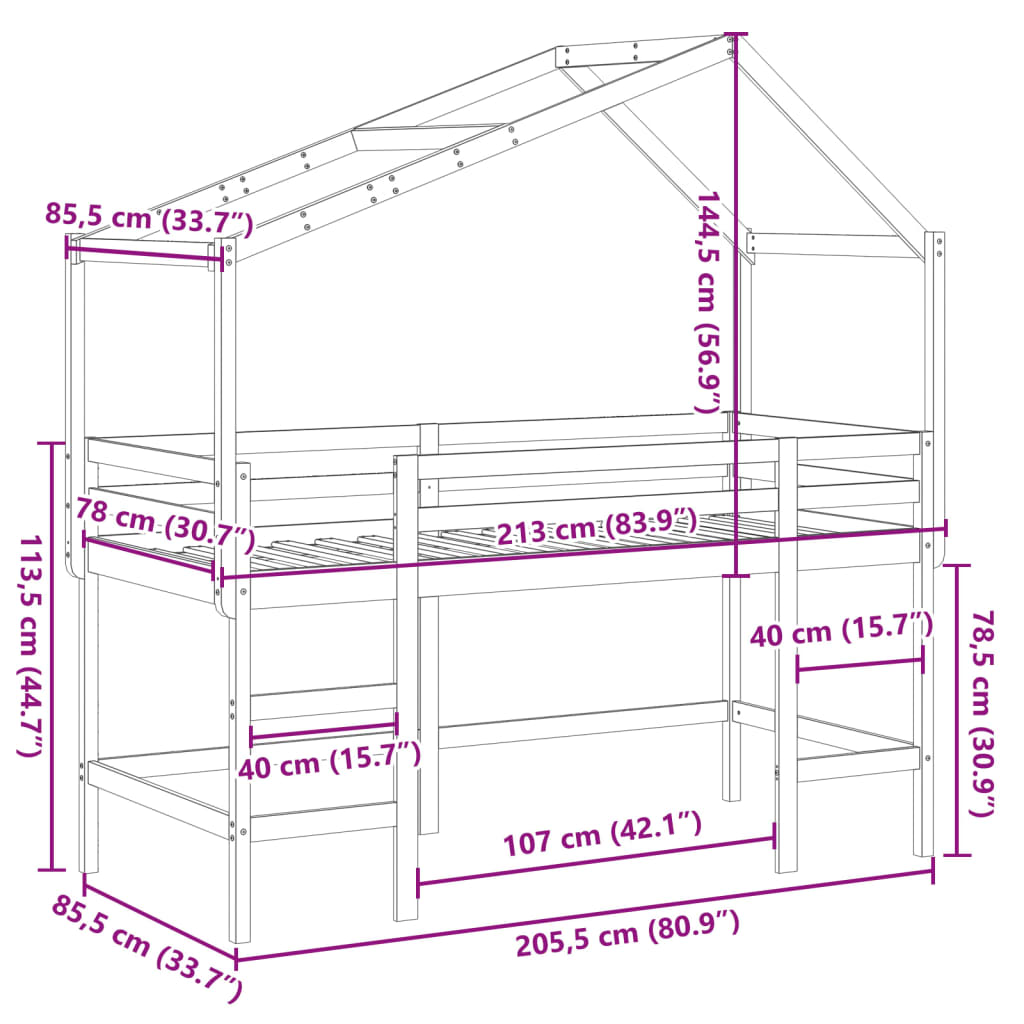 vidaXL fehér tömör fenyőfa galériaágy létrával és tetővel 80 x 200 cm