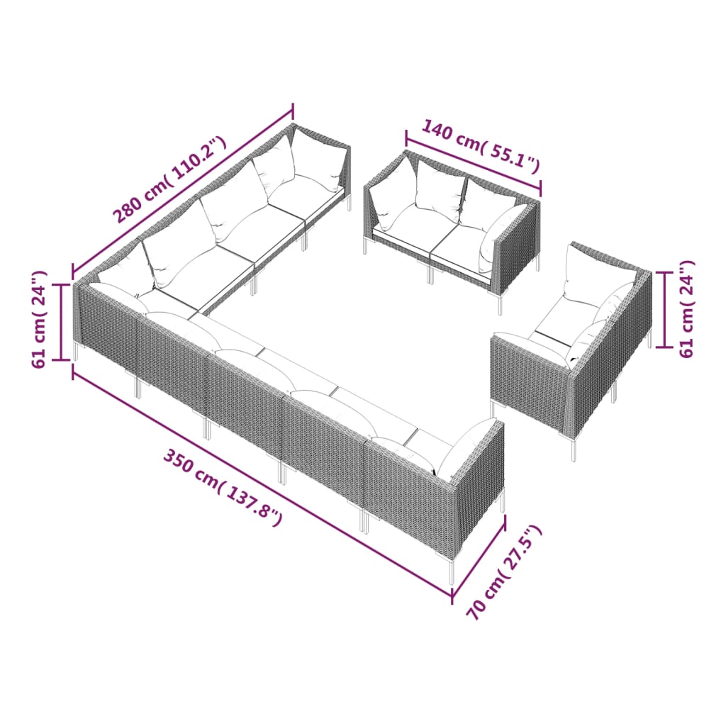 vidaXL 12 részes sötétszürke polyrattan kerti bútorszett párnákkal