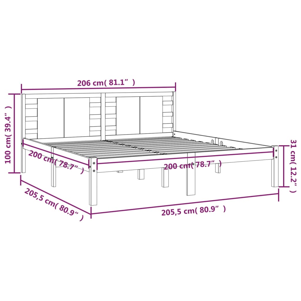 vidaXL fehér tömör fenyőfa ágykeret 200x200 cm