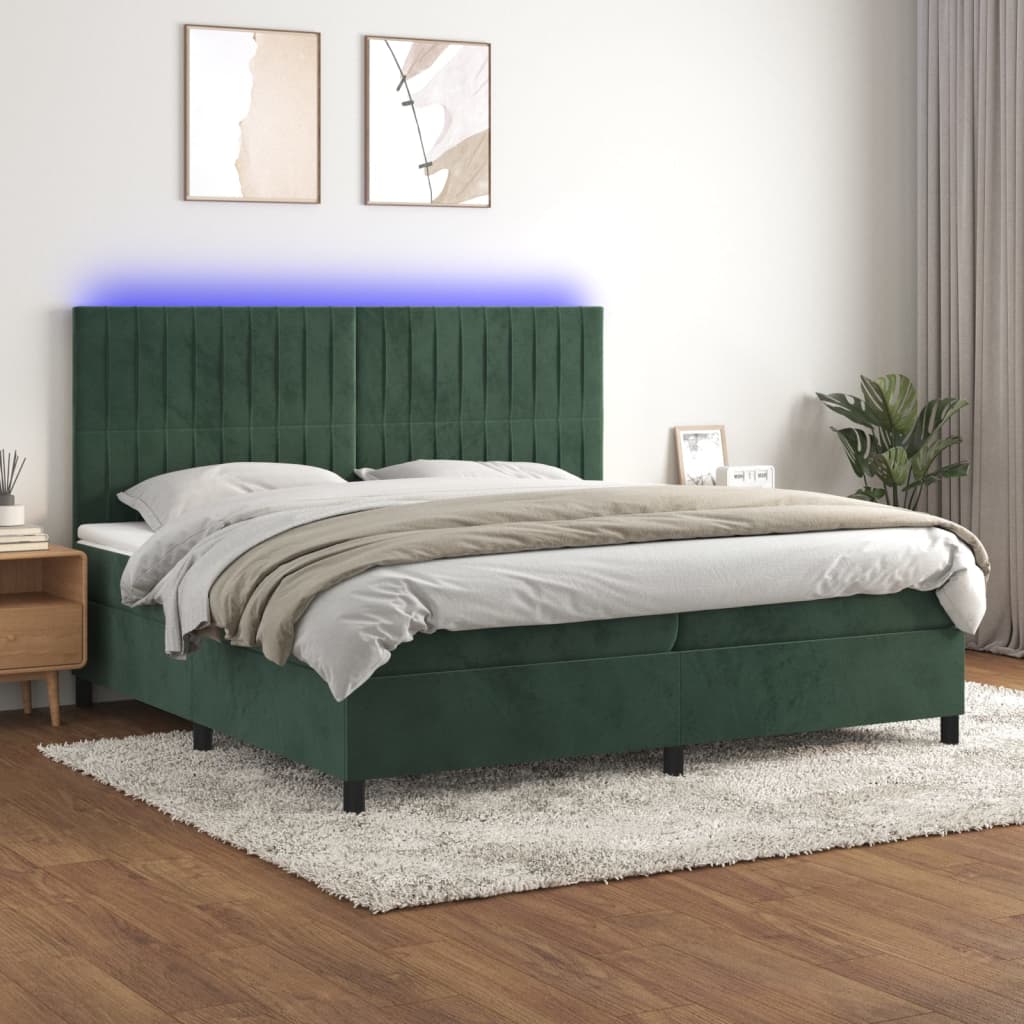 vidaXL sötétzöld bársony rugós és LED-es ágy matraccal 200x200 cm