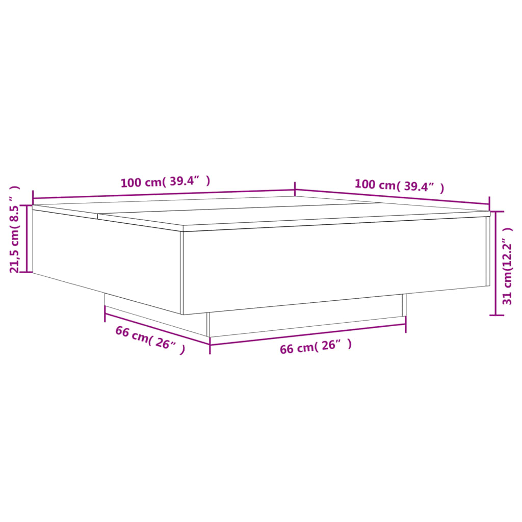 vidaXL füstös tölgy színű dohányzóasztal LED-lámpákkal 100x100x31 cm