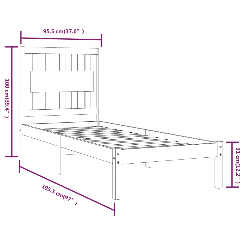 vidaXL Single fekete tömör fenyőfa ágykeret 90 x 190 cm