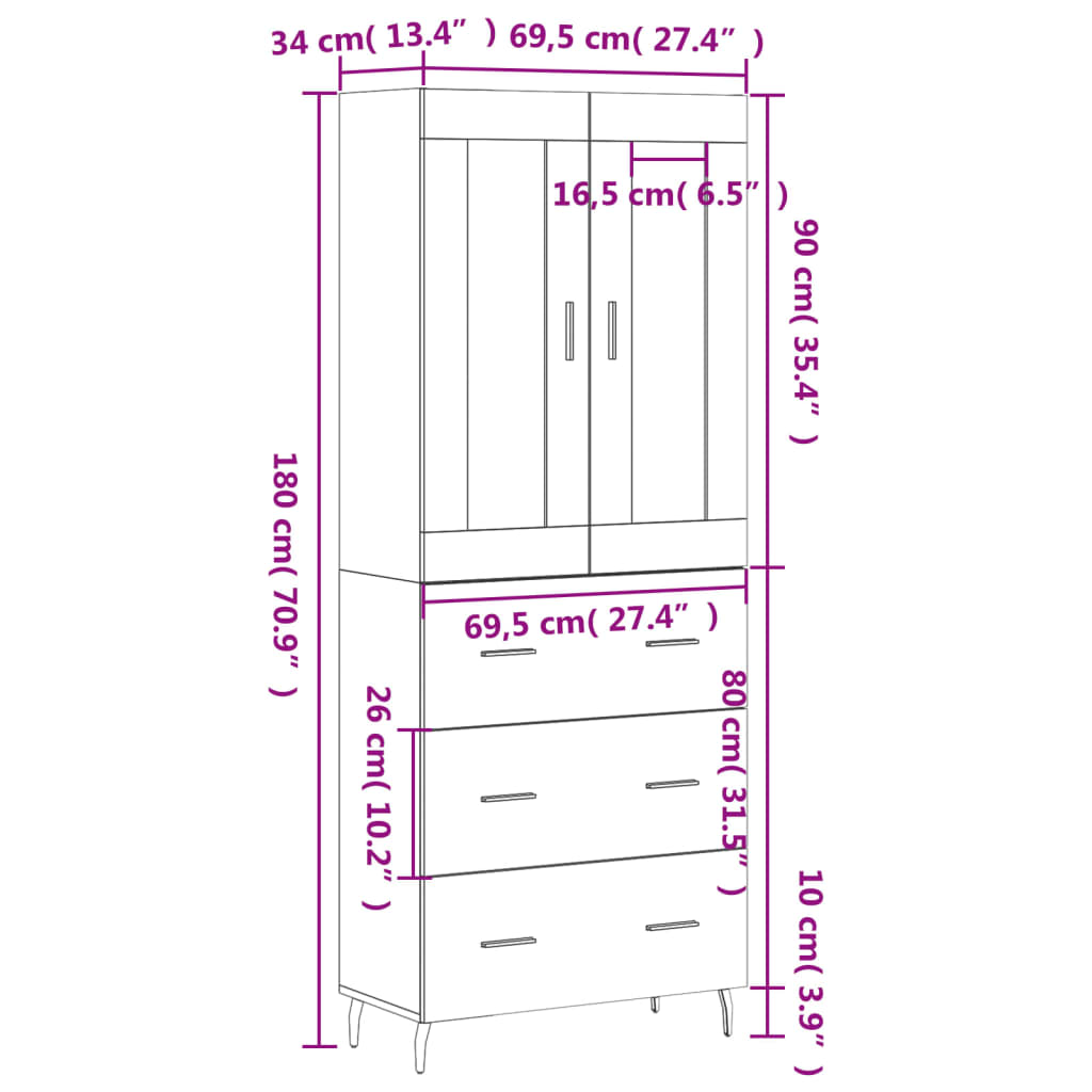 vidaXL fekete szerelt fa magasszekrény 69,5 x 34 x 180 cm