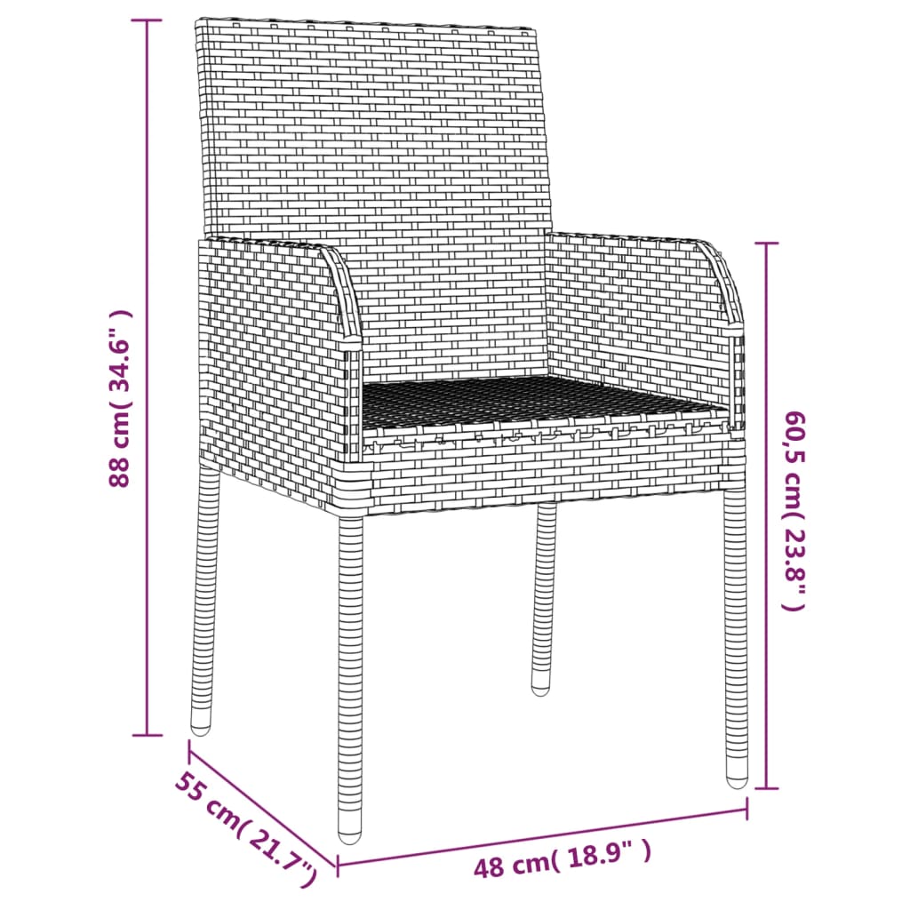 vidaXL 5 részes fekete és szürke polyrattan kerti étkezőszett párnával