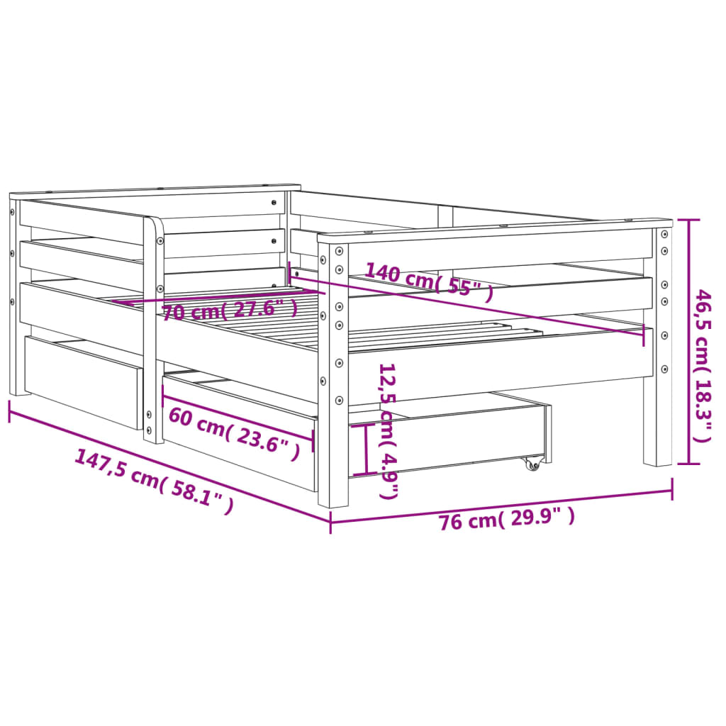 vidaXL fekete tömör fenyőfa gyerekágykeret fiókokkal 70 x 140 cm