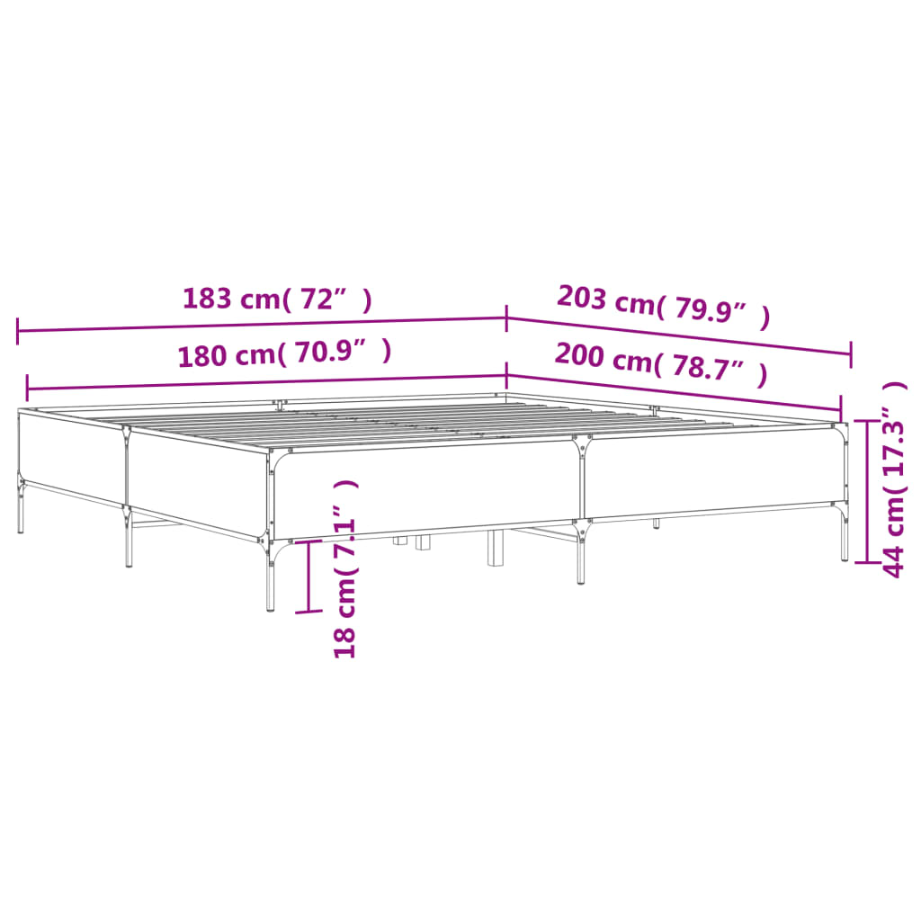 vidaXL füstös tölgy színű szerelt fa és fém ágykeret 180 x 200 cm