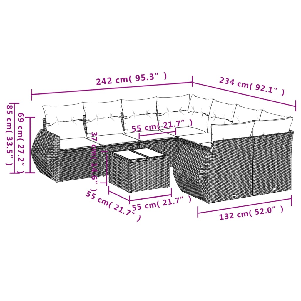 vidaXL 9 részes szürke polyrattan kerti ülőgarnitúra párnákkal