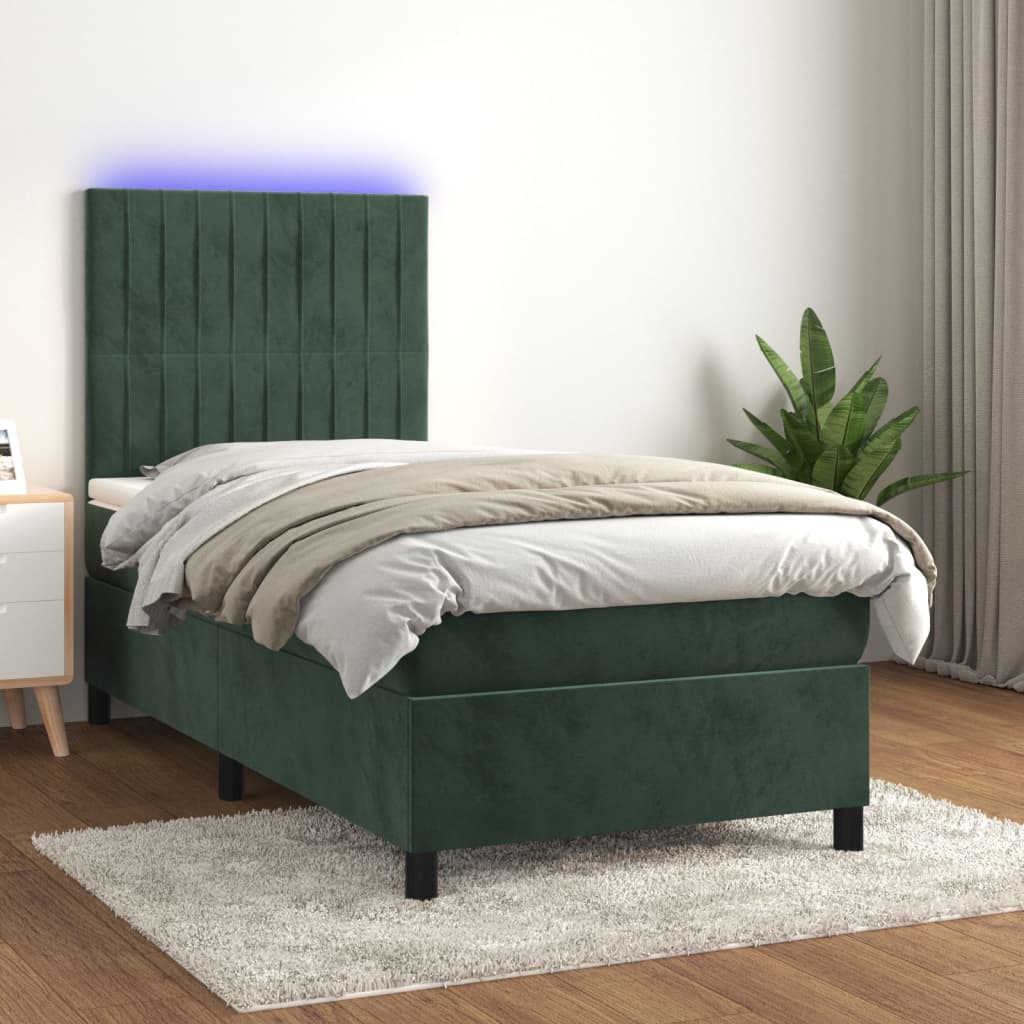 vidaXL sötétzöld bársony rugós és LED-es ágy matraccal 80 x 200 cm