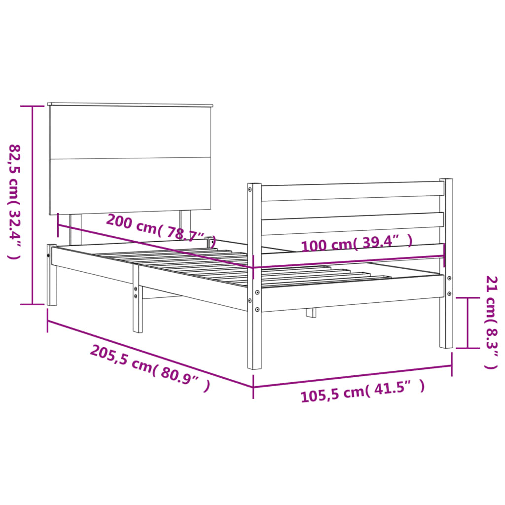 vidaXL fekete tömör fa ágykeret fejtámlával 100 x 200 cm