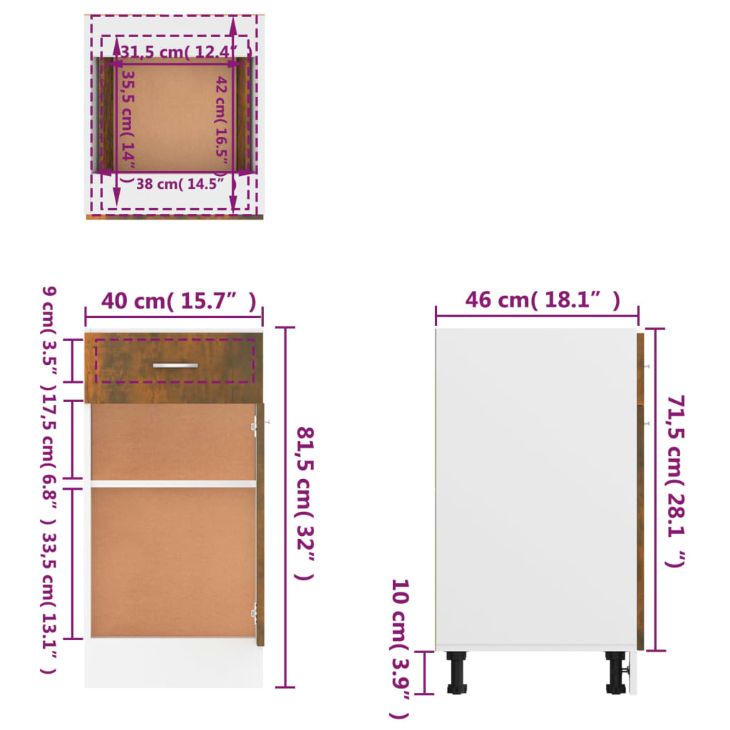 vidaXL füstös tölgy színű szerelt fa fiókos alsószekrény 40x46x81,5 cm