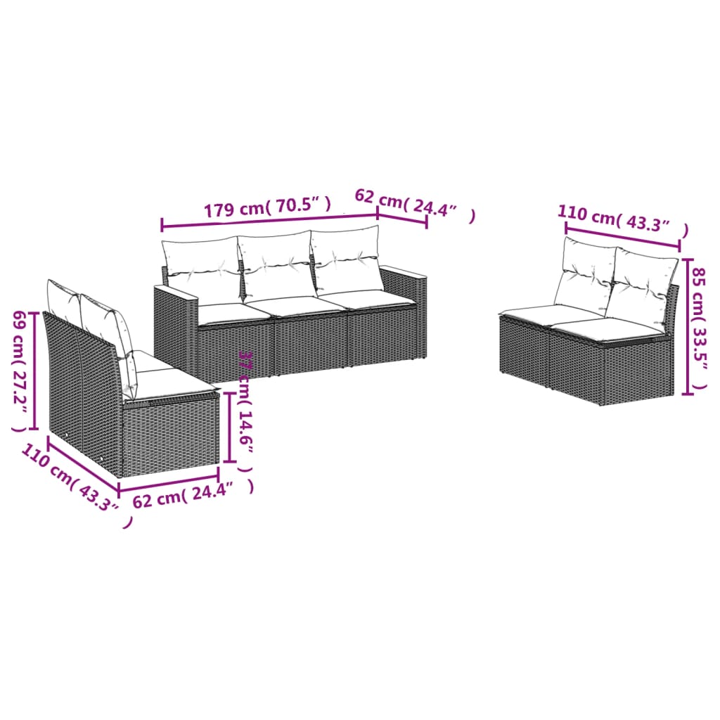 vidaXL 7 részes szürke polyrattan kerti ülőgarnitúra párnákkal