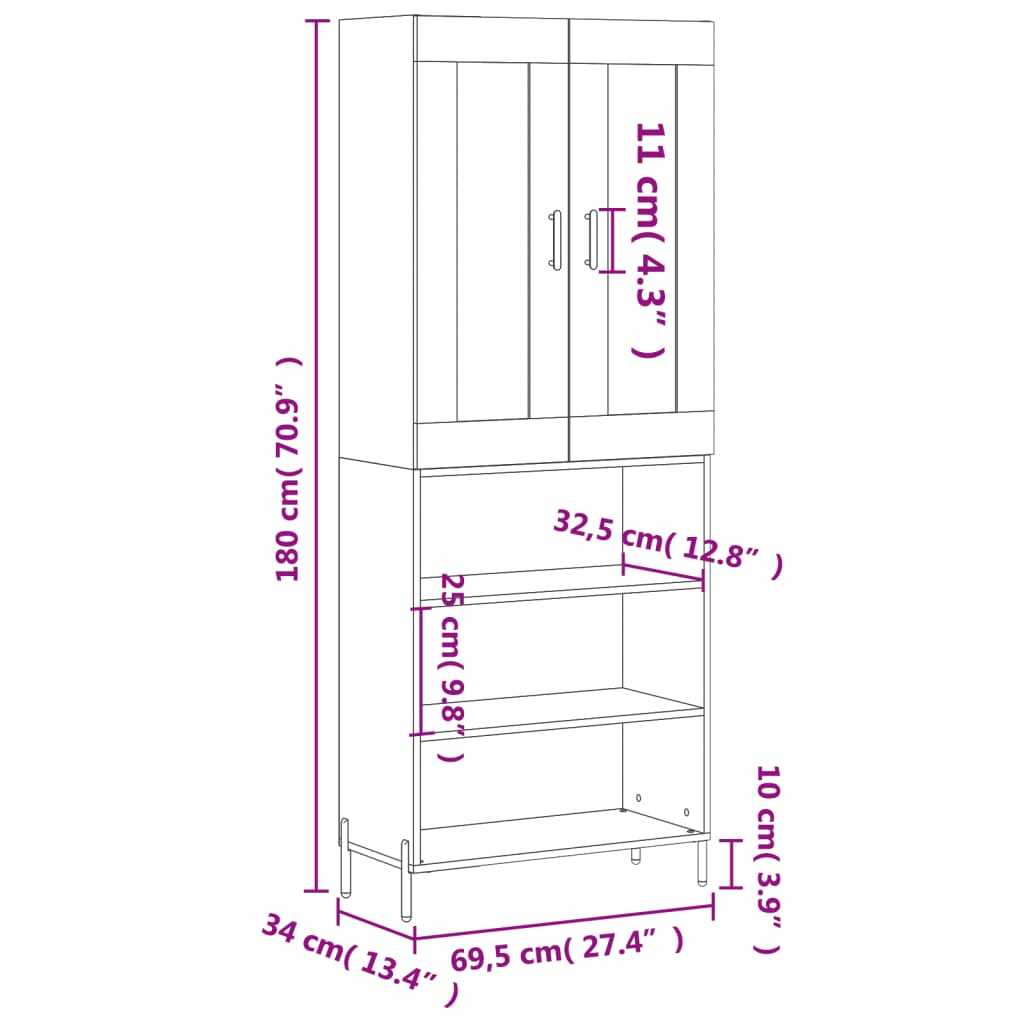 vidaXL betonszürke szerelt fa magasszekrény 69,5 x 34 x 180 cm