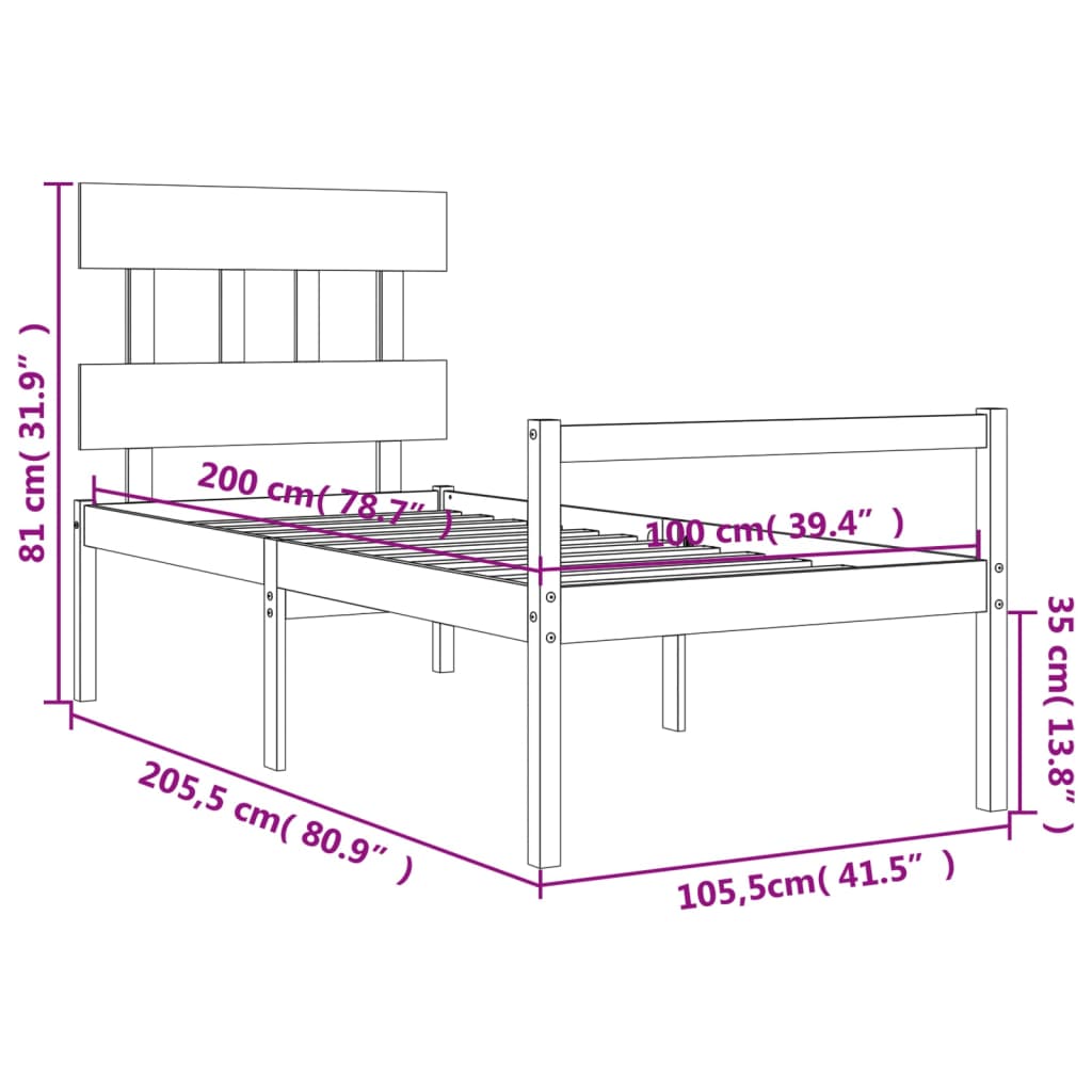 vidaXL szürke tömör fa ágy időseknek fejtámlával 100x200 cm