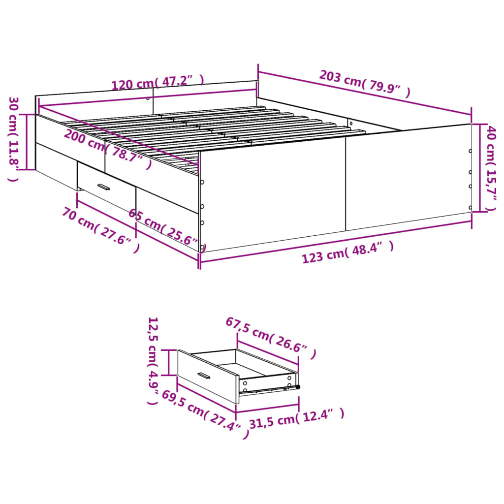 vidaXL szürke sonoma színű szerelt fa ágykeret fiókokkal 120 x 200 cm