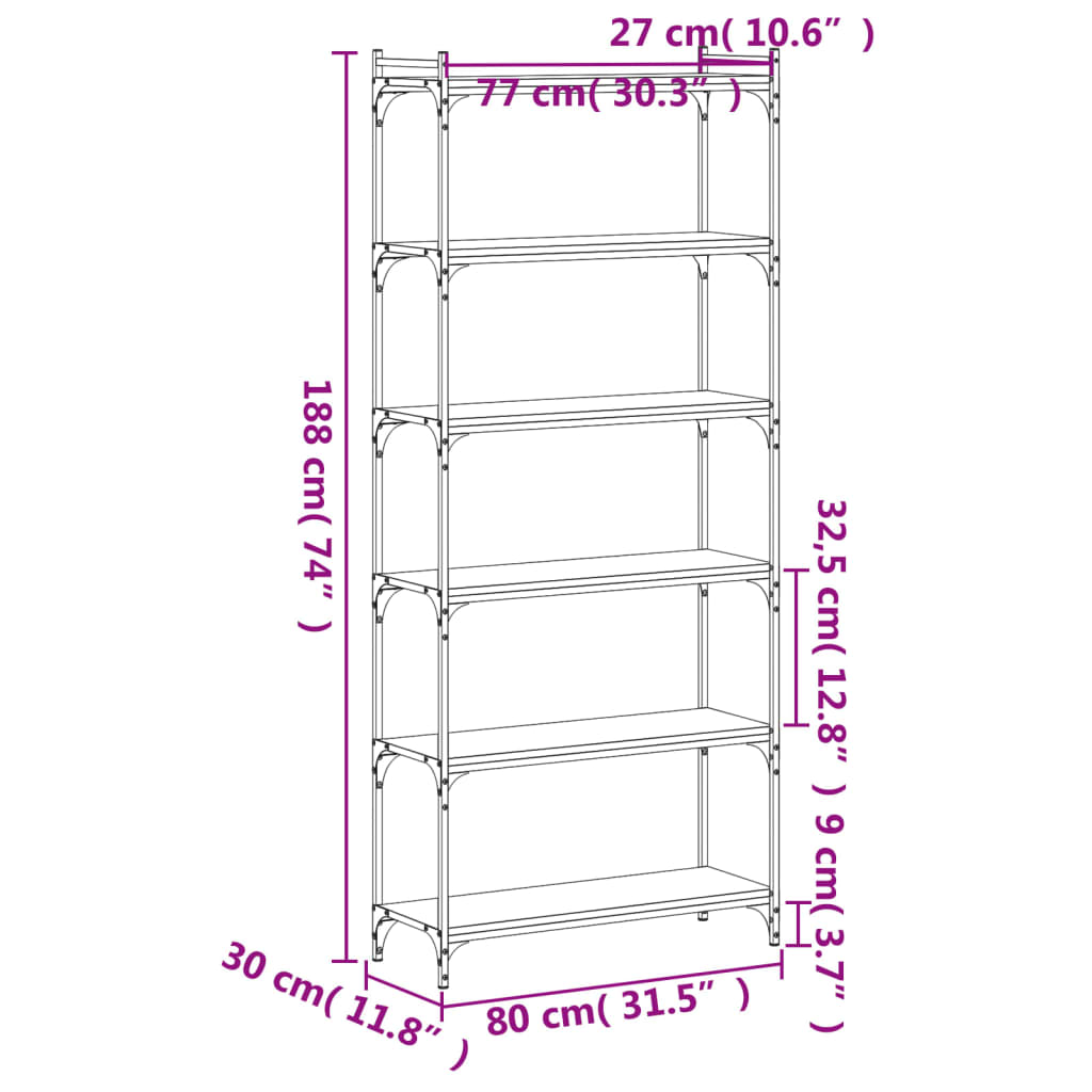 vidaXL 6 szintes füstös tölgy szerelt fa könyvespolc 80 x 30 x 188 cm