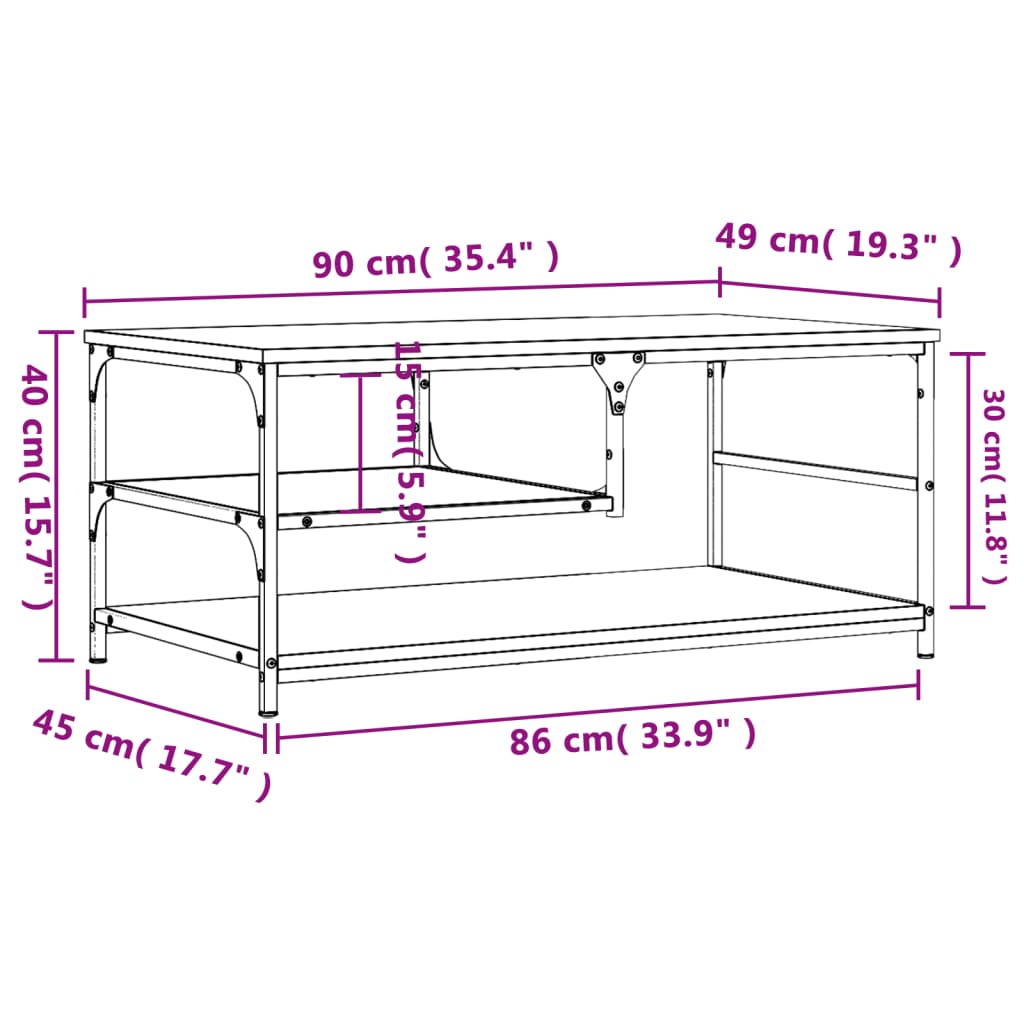 vidaXL füstös tölgy színű szerelt fa dohányzóasztal 90 x 49 x 40 cm