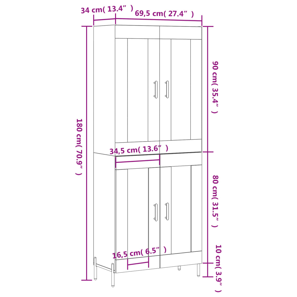 vidaXL betonszürke szerelt fa magasszekrény 69,5 x 34 x 180 cm