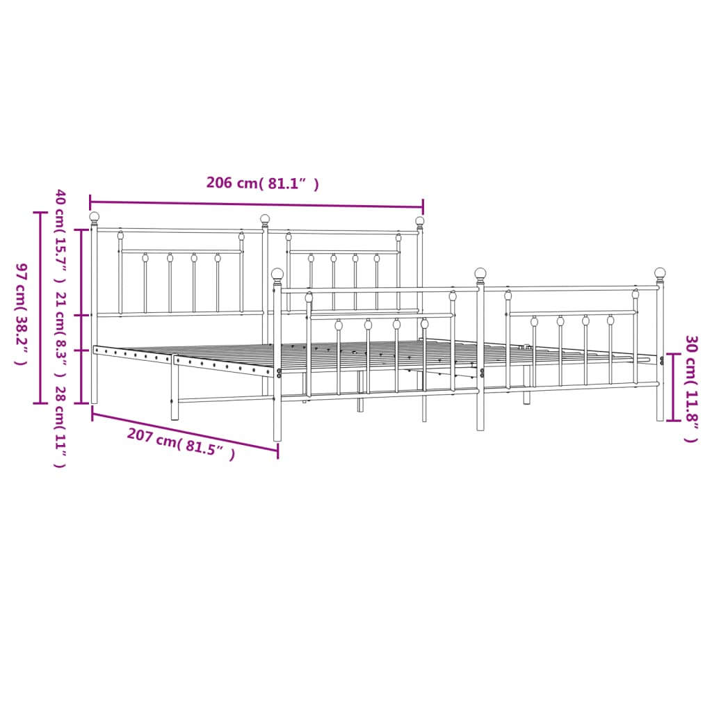 vidaXL fekete fém ágykeret fej- és lábtámlával 200 x 200 cm