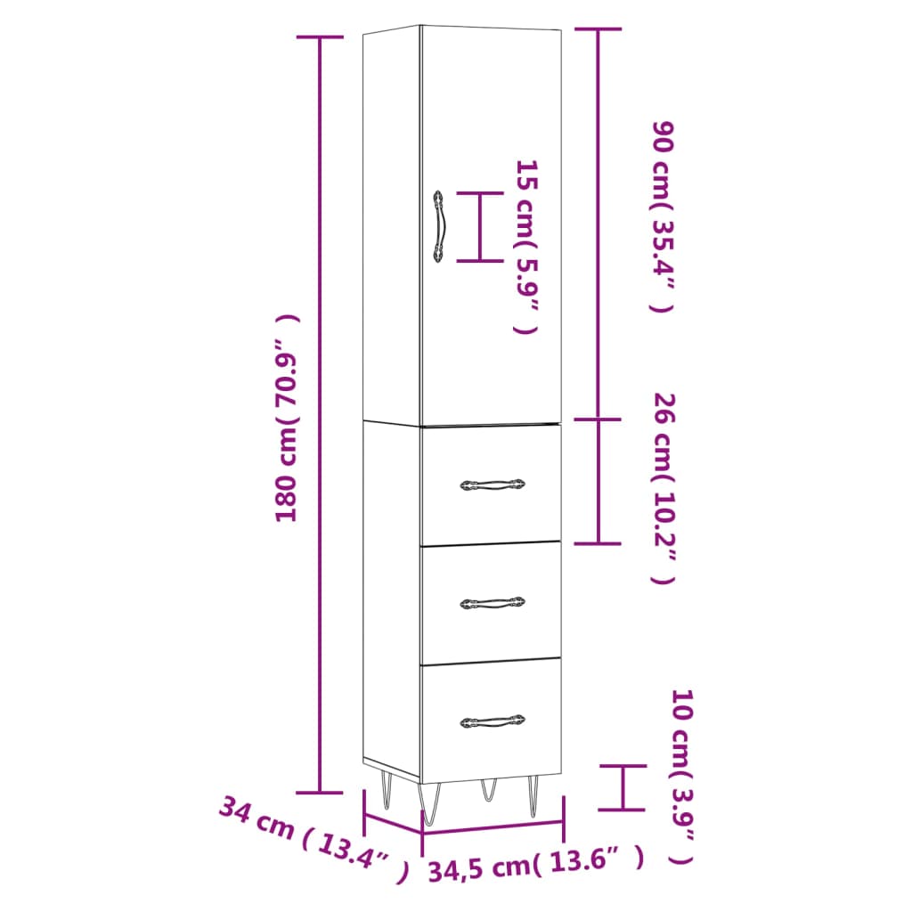 vidaXL fekete szerelt fa magasszekrény 34,5 x 34 x 180 cm