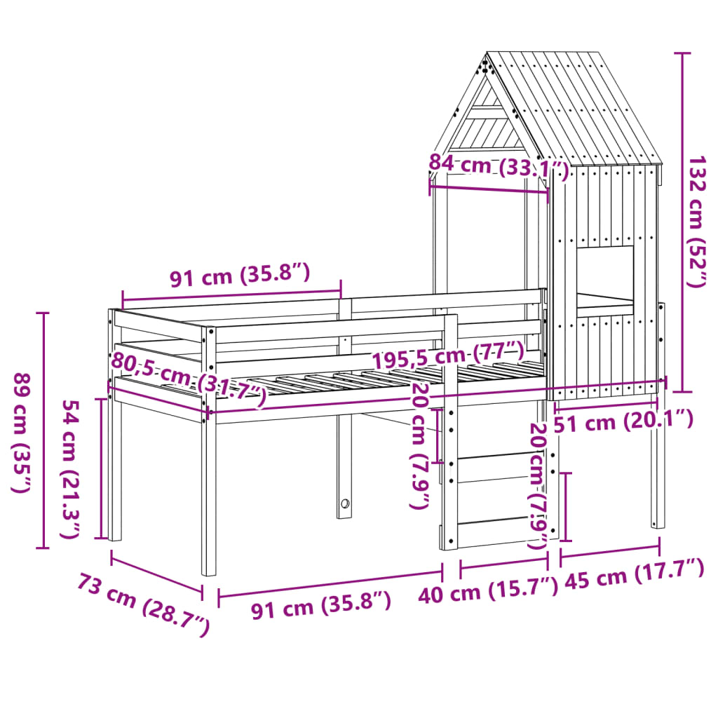 vidaXL tömör fenyőfa magasított ágy tetővel 75 x 190 cm