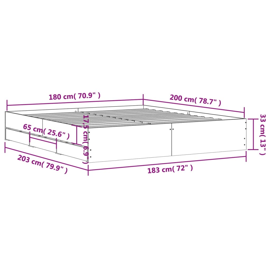 vidaXL sonoma tölgy színű szerelt fa ágykeret fiókokkal 180 x 200 cm