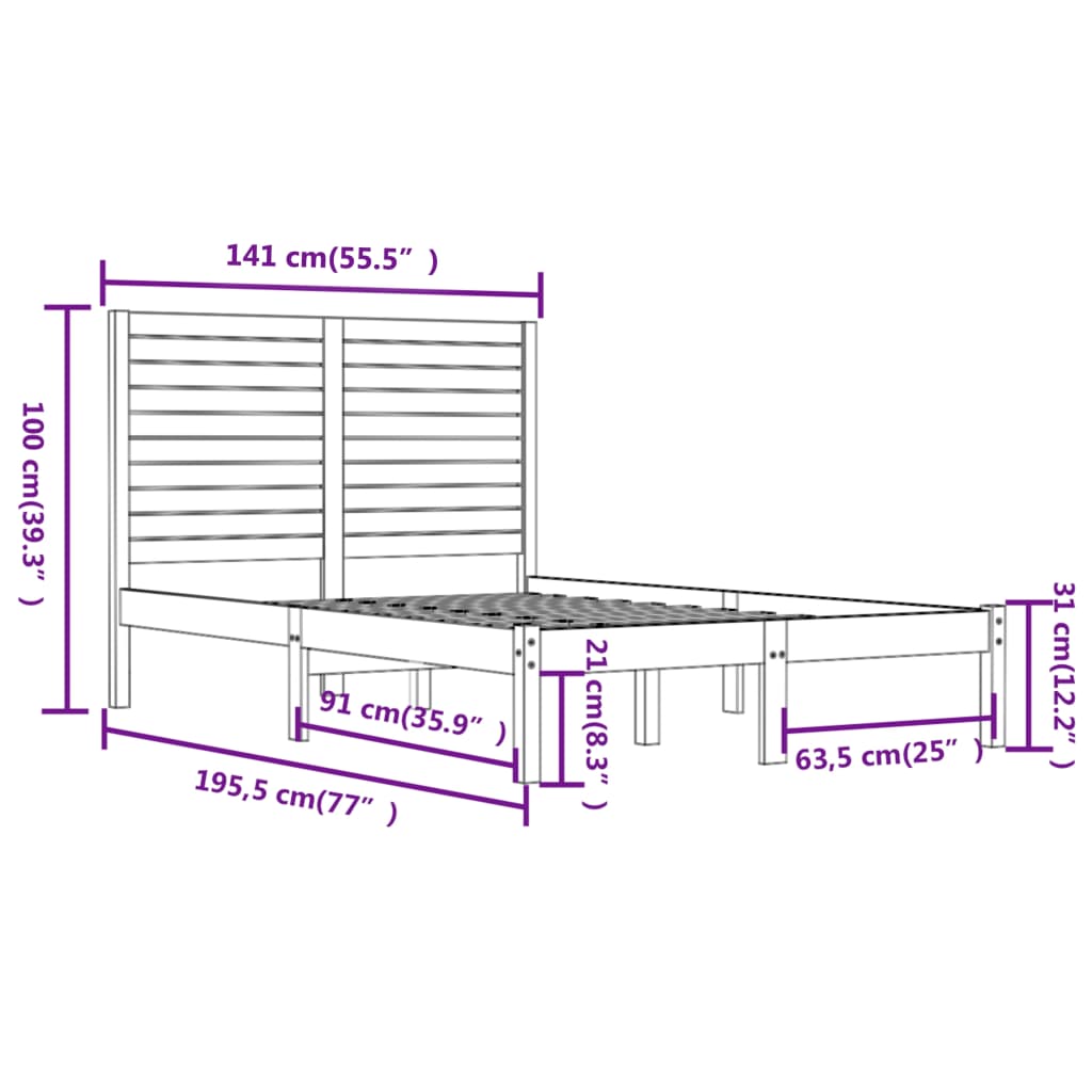 vidaXL Double fekete tömör fa ágykeret 135 x 190 cm