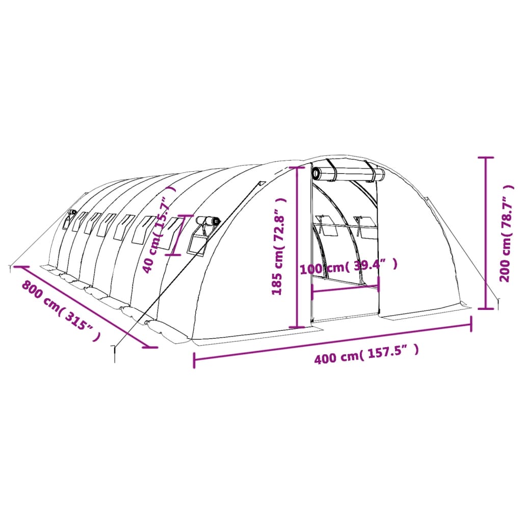 vidaXL fehér acélvázas melegház 32 m² 8 x 4 x 2 m