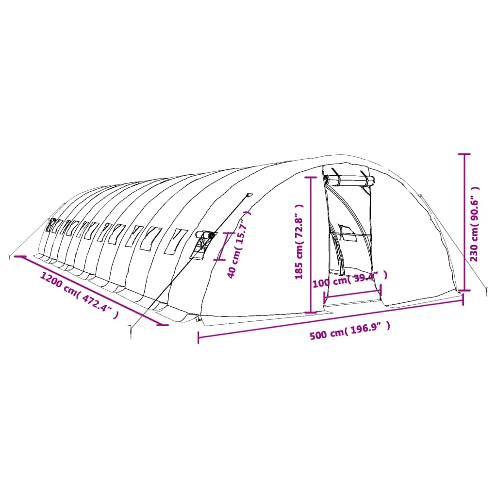 vidaXL zöld acélvázas melegház 60 m² 12 x 5 x 2,3 m