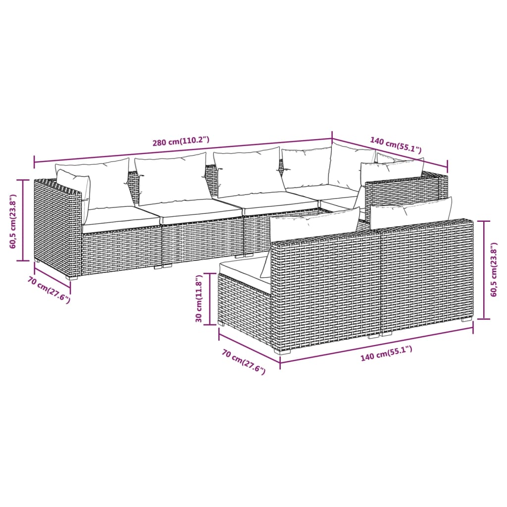 vidaXL 7 részes barna polyrattan kerti ülőgarnitúra párnákkal