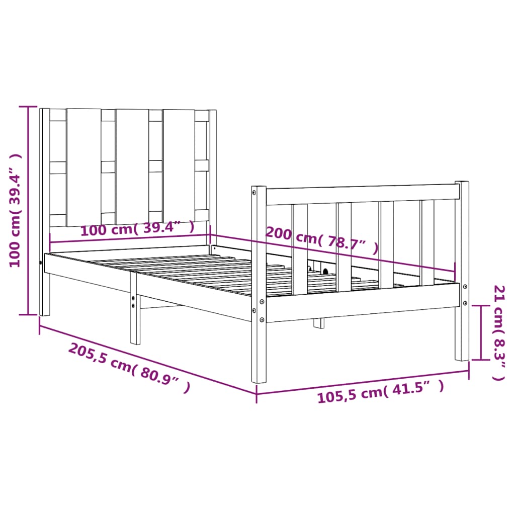 vidaXL fekete tömör fa ágykeret fejtámlával 100 x 200 cm