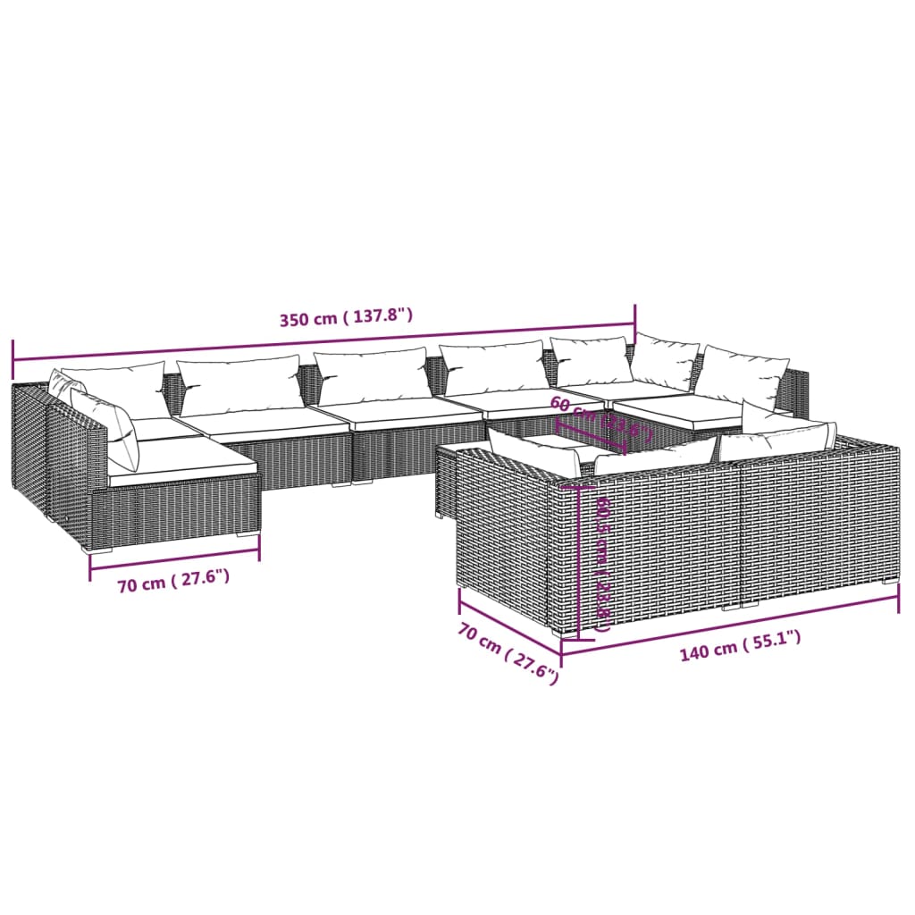 vidaXL 10 részes barna polyrattan kerti bútorszett párnákkal