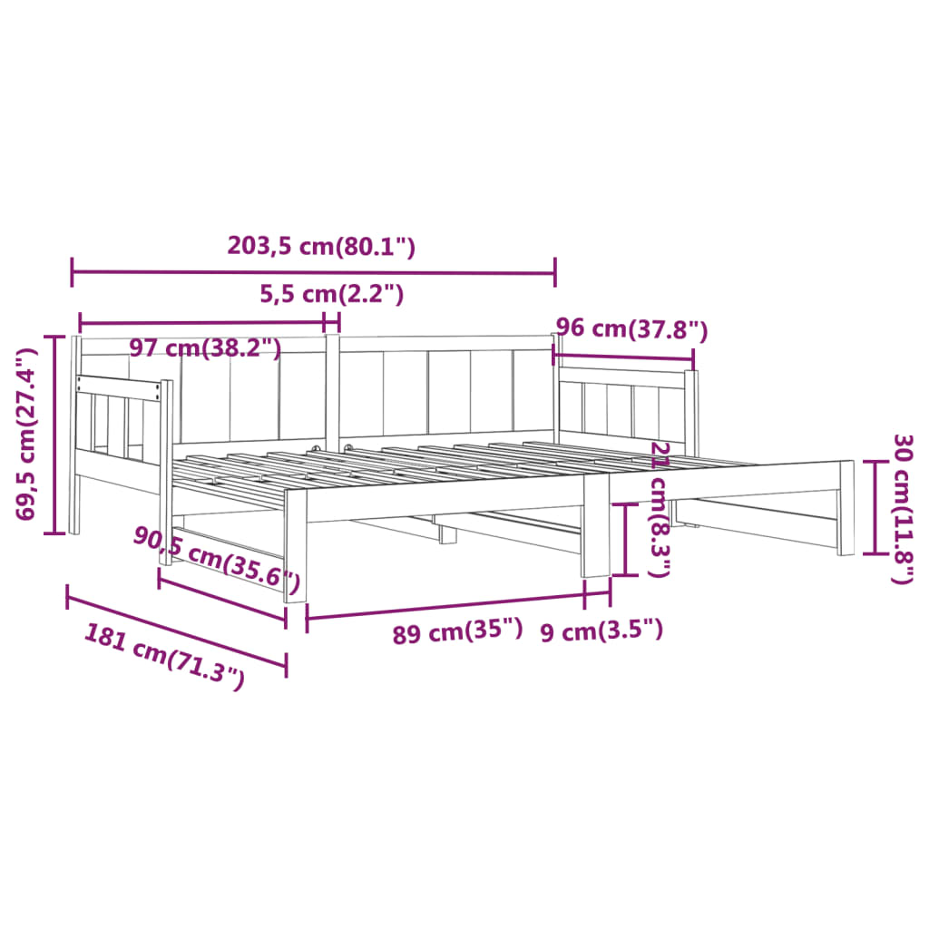 vidaXL tömör fenyőfa kihúzható kanapéágy 2 x (90 x 200) cm