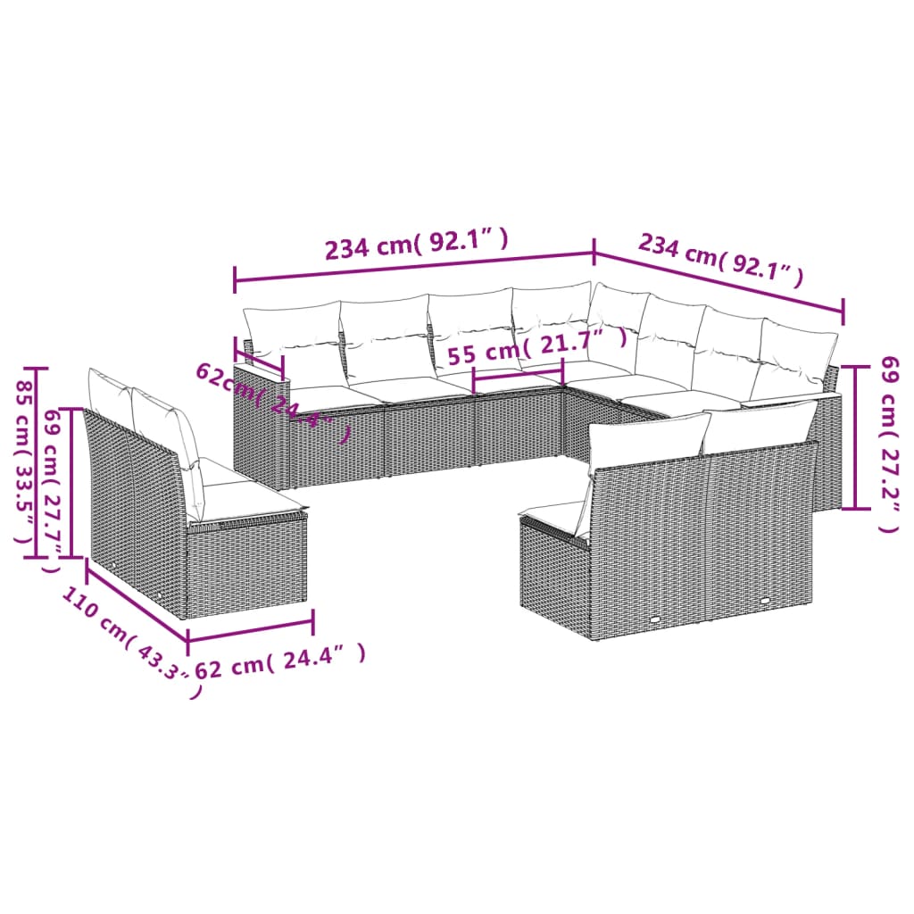 vidaXL 11 részes szürke polyrattan kerti ülőgarnitúra párnákkal