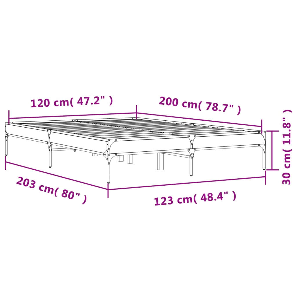 vidaXL füstös tölgyszínű szerelt fa és fém ágykeret 120 x 200 cm