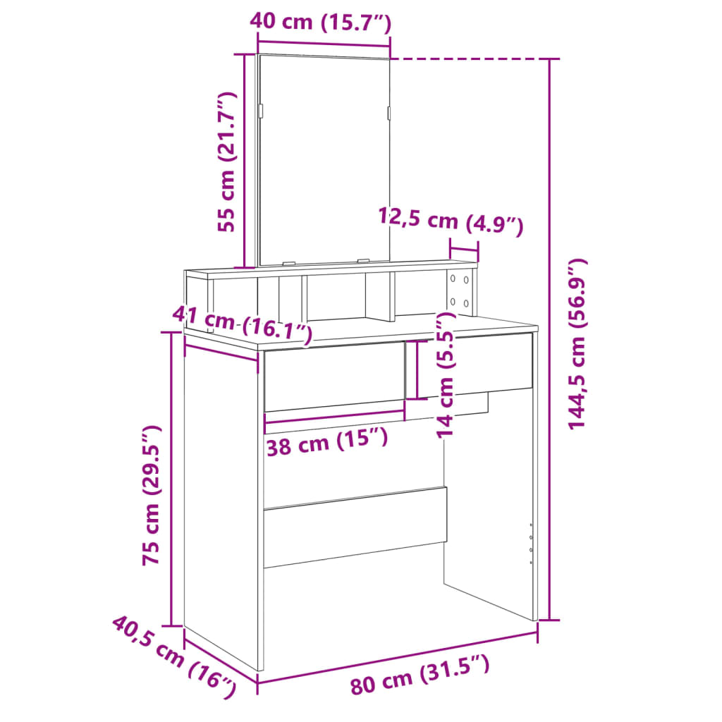 vidaXL szürke sonoma színű fésülködőasztal tükörrel 80 x 41 x 144,5 cm