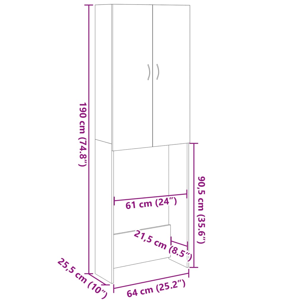 vidaXL sonoma tölgy színű mosógépszekrény 64 x 25,5 x 190 cm