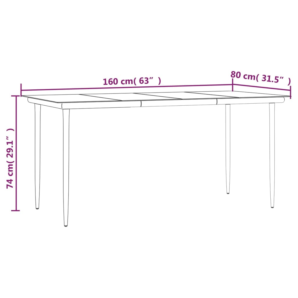 vidaXL fekete acél és edzett üveg kerti étkezőasztal 160x80x74cm