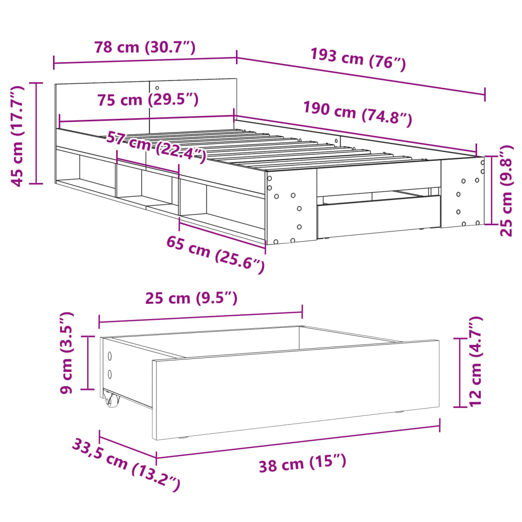 vidaXL betonszürke szerelt fa ágykeret fiókkal 75 x 190 cm