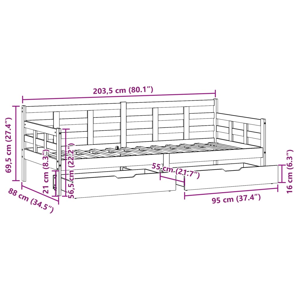 vidaXL fehér tömör fenyőfa kanapéágy fiókkal 80 x 200 cm