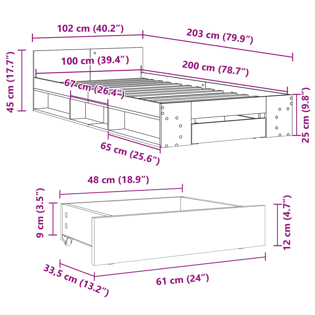 vidaXL szürke sonoma színű szerelt fa ágykeret fiókkal 100 x 200 cm