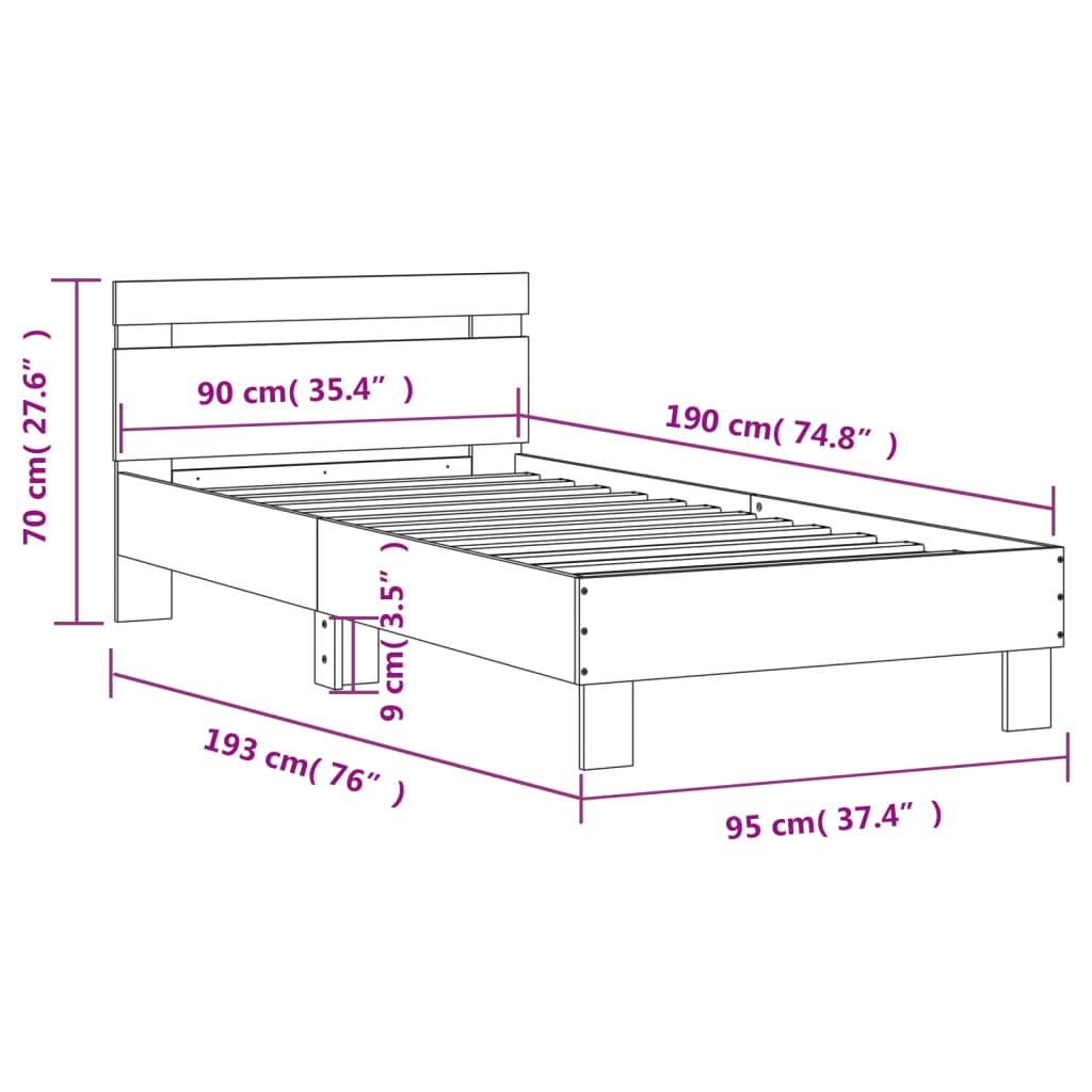 vidaXL sonoma tölgy színű ágykeret fejtámlával és LED-ekkel 90x190 cm