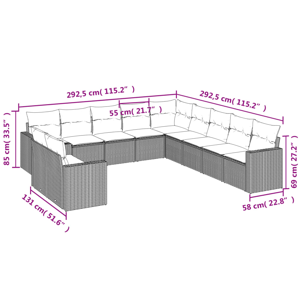 vidaXL 11 részes bézs polyrattan kerti ülőgarnitúra párnákkal