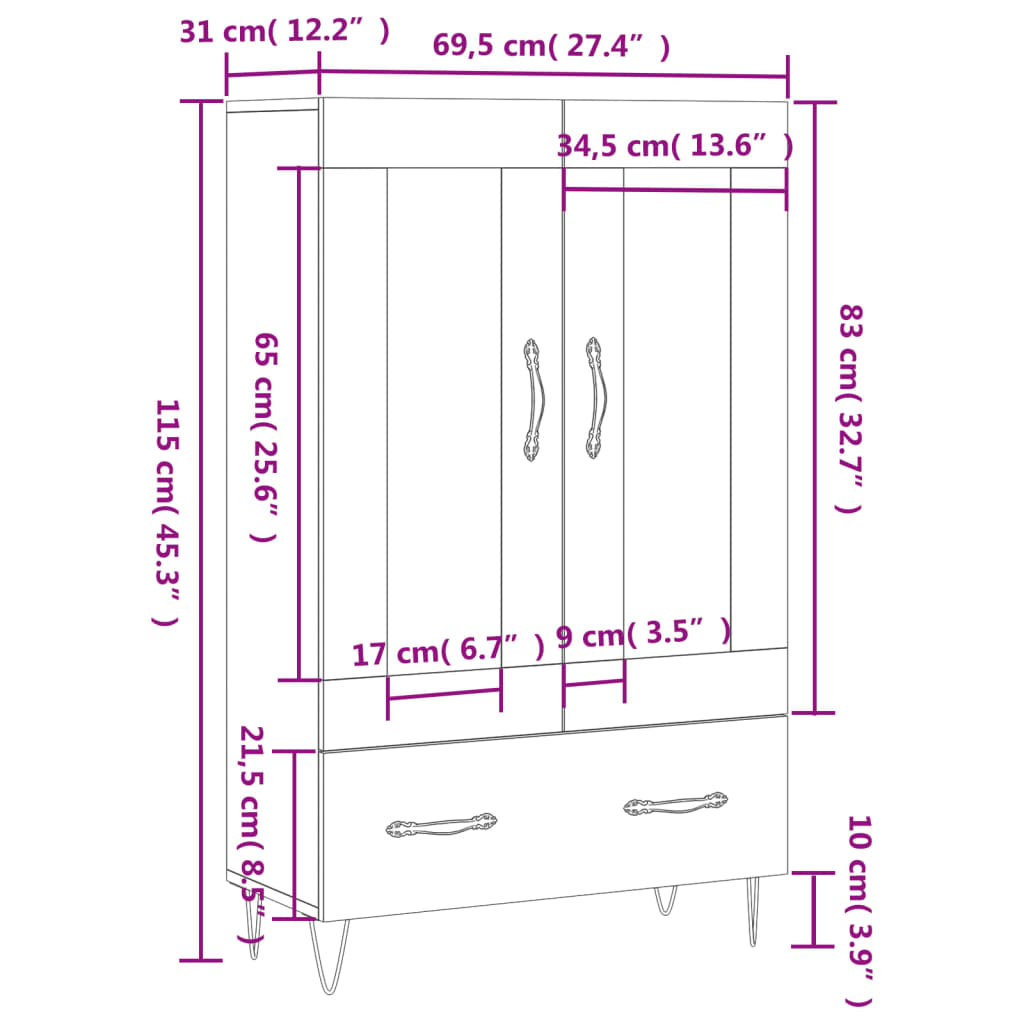 vidaXL barna tölgyszínű szerelt fa magasszekrény 69,5 x 31 x 115 cm