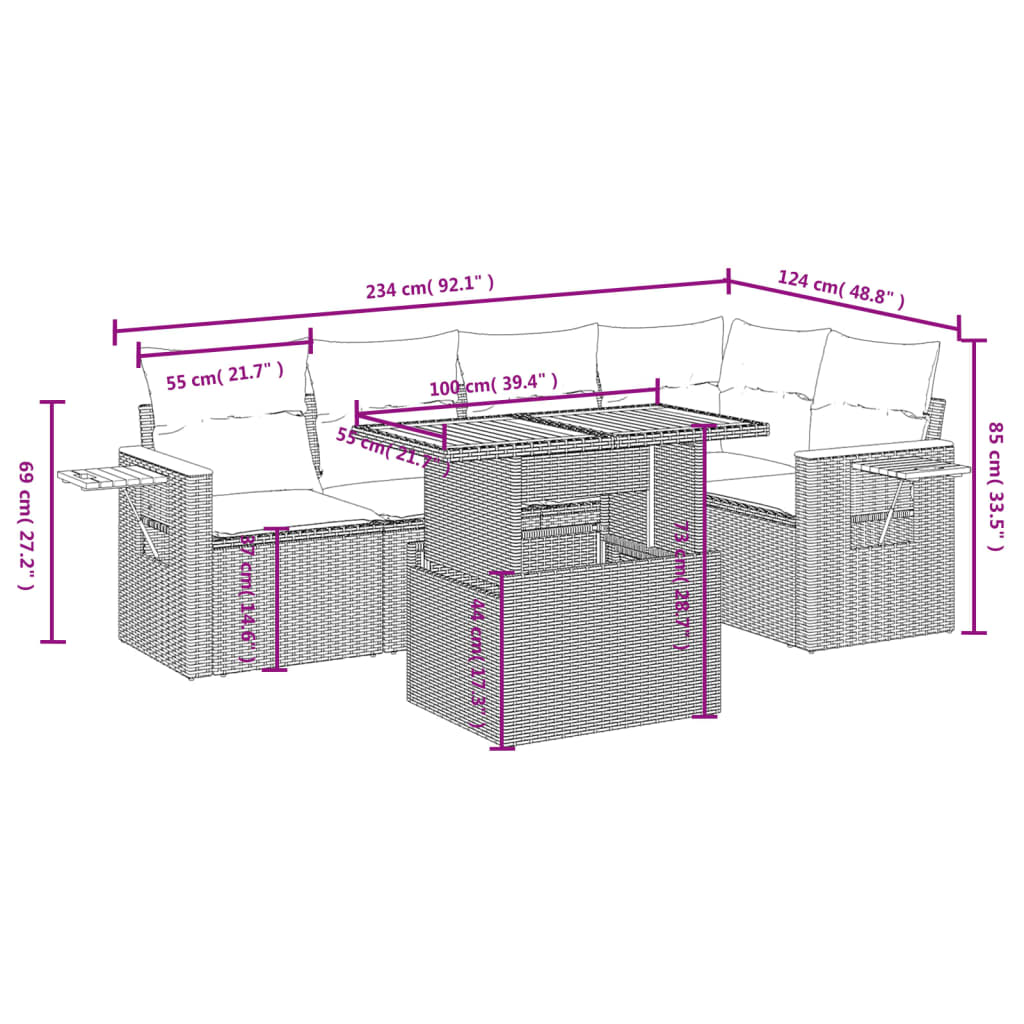 vidaXL 6 részes szürke polyrattan kerti ülőgarnitúra párnákkal