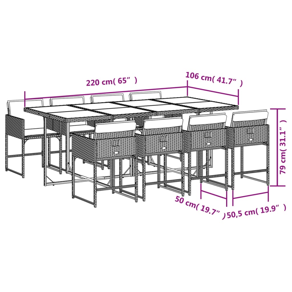 vidaXL 9 részes fekete polyrattan kerti étkezőgarnitúra párnákkal