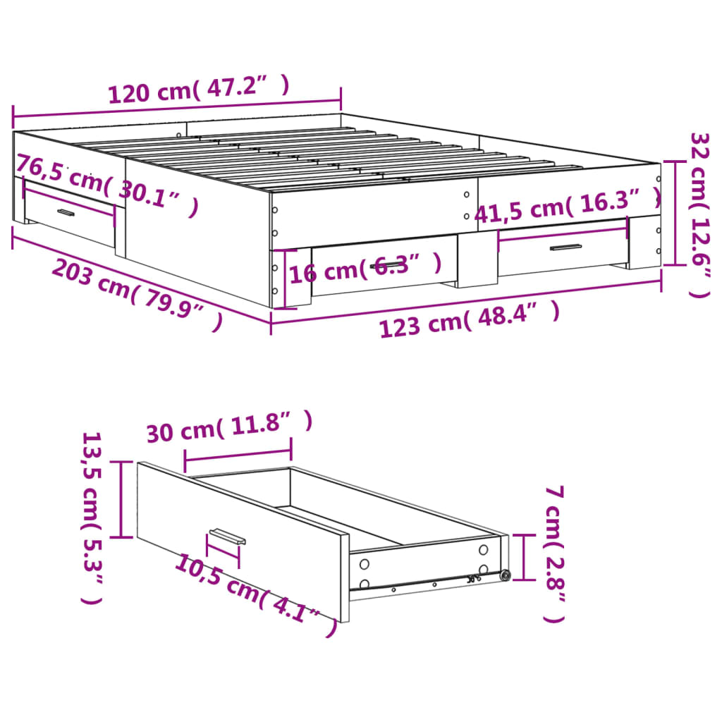 vidaXL szürke sonoma színű szerelt fa ágykeret fiókokkal 120 x 200 cm