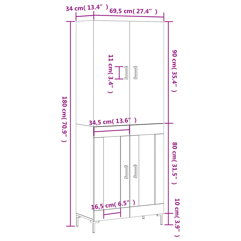 vidaXL barna tölgy színű szerelt fa magasszekrény 69,5 x 34 x 180 cm