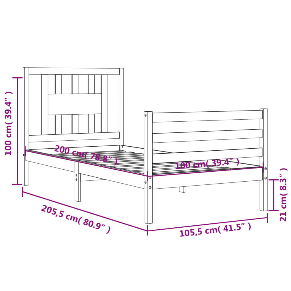 vidaXL fekete tömör fa ágykeret fejtámlával 100 x 200 cm