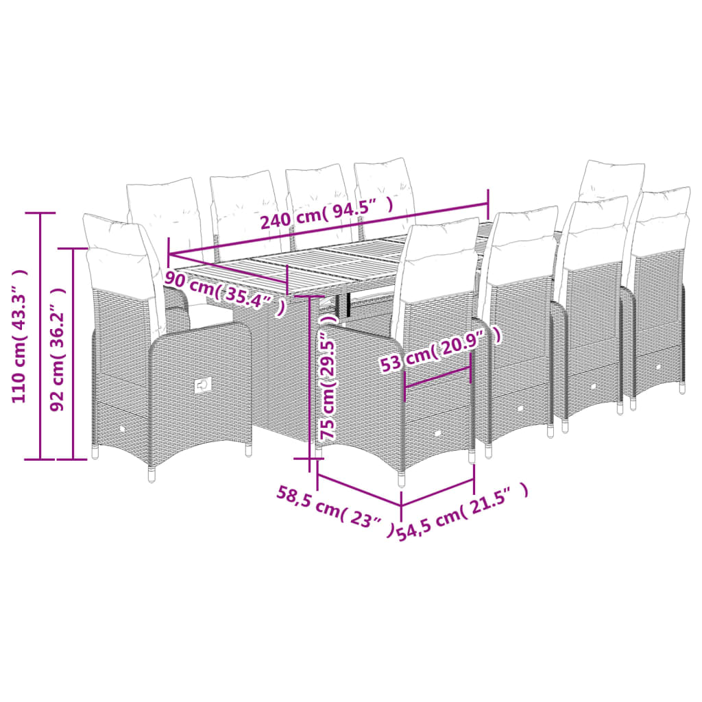 vidaXL 11 részes szürke polyrattan kerti bisztrógarnitúra párnákkal